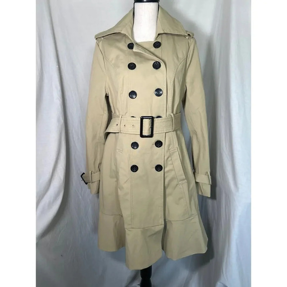 New York & Co Khaki Beige Double Breasted Belted Lined Peplum Trench Coat Size L - Picture 3 of 16